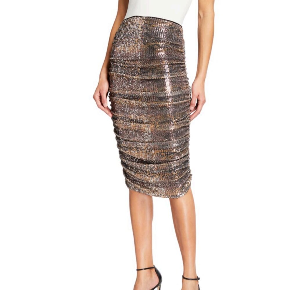 Sequin Ruched Pencil Skirt in Metallic Bronze